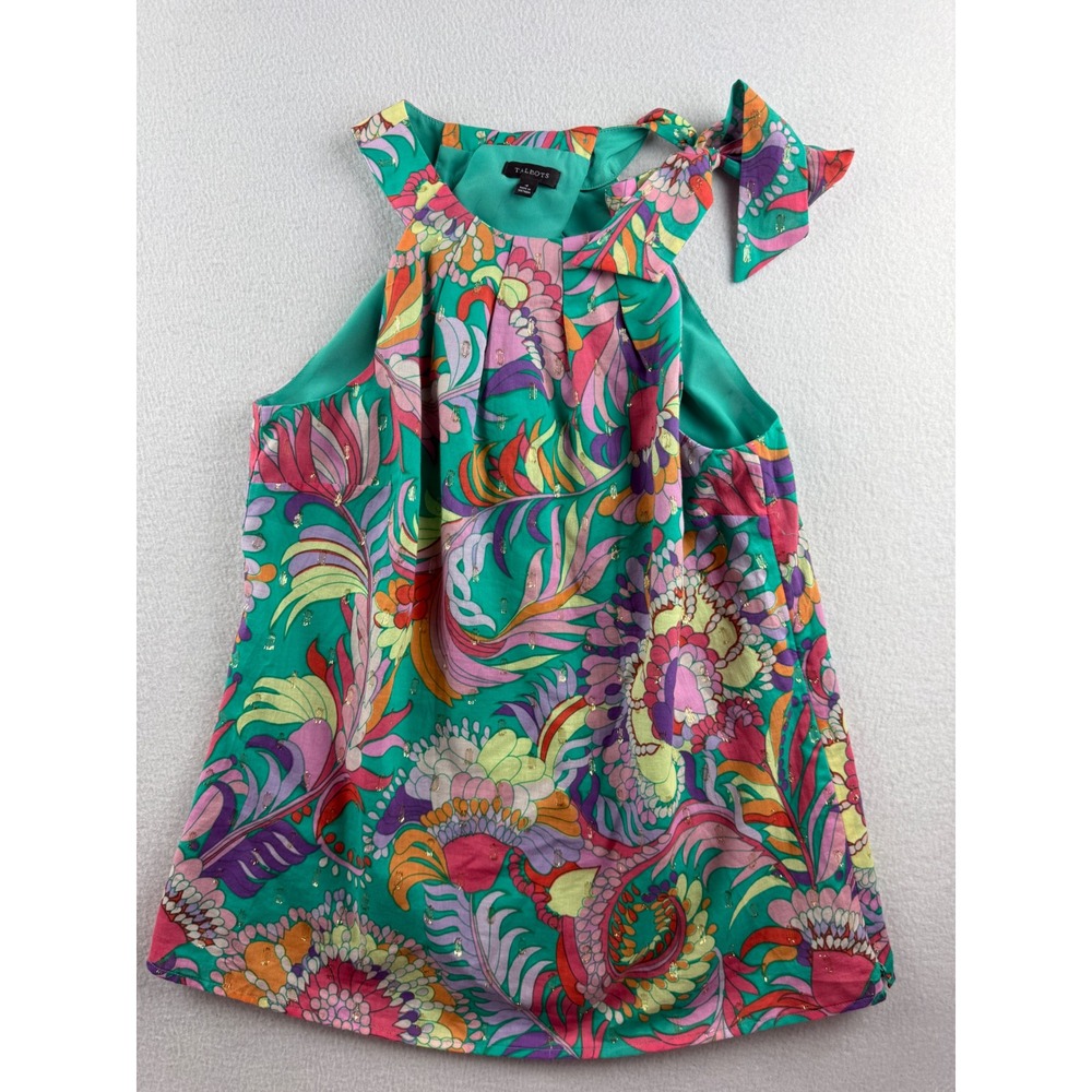 Talbots Womens Green Floral Halter Top Gold‎ Metallic Bow Shoulder Blouse Size 4